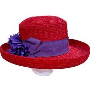 Betmar NY Vintage 100% Straw Ladies' Red Hat Society Roll Brill Hat w/Purple
